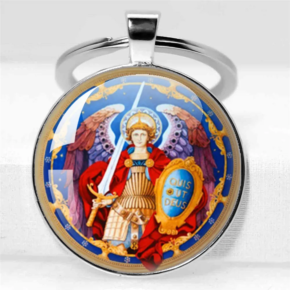 25mm/30MM Archangel Saint Michael Protect Me Holy Shield Angel Protection Glass Pendant Christian Keychains Jewelry Gift