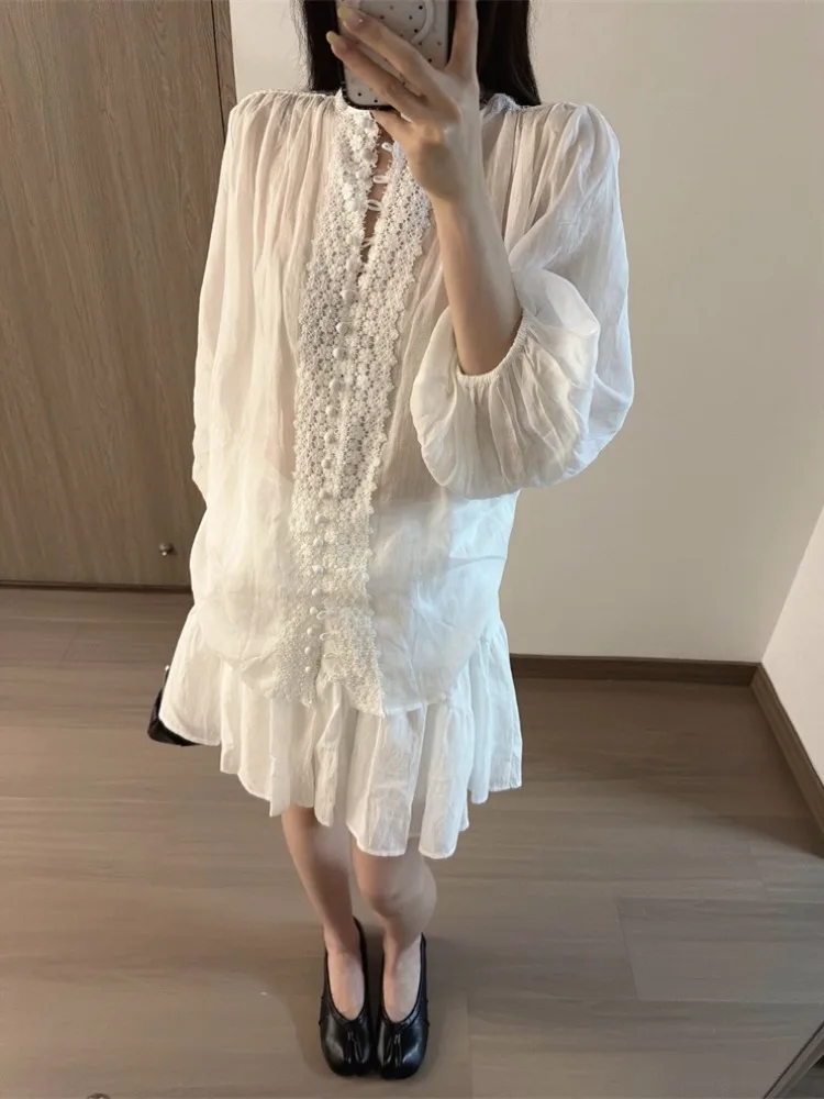 

Elegant White Lace Splice Long Sleeve Shirt Women's Summer Thin Sun Protection Open Cardigan Top Korean Style Commute Wind