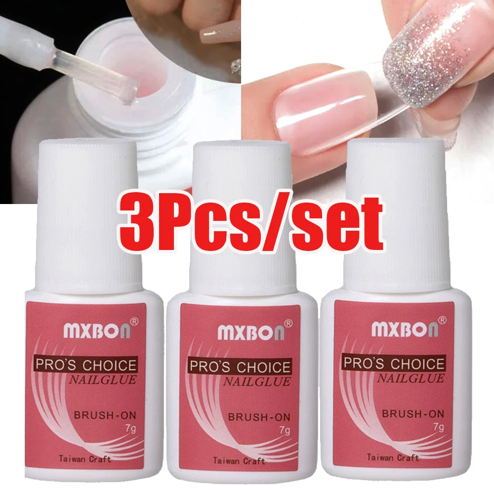 Cola para unhas de secagem rápida, 7g * 3 frascos/conjunto, super forte, unhas falsas e strass, cola com pincel, acrílico, manicure, cola de beleza transparente