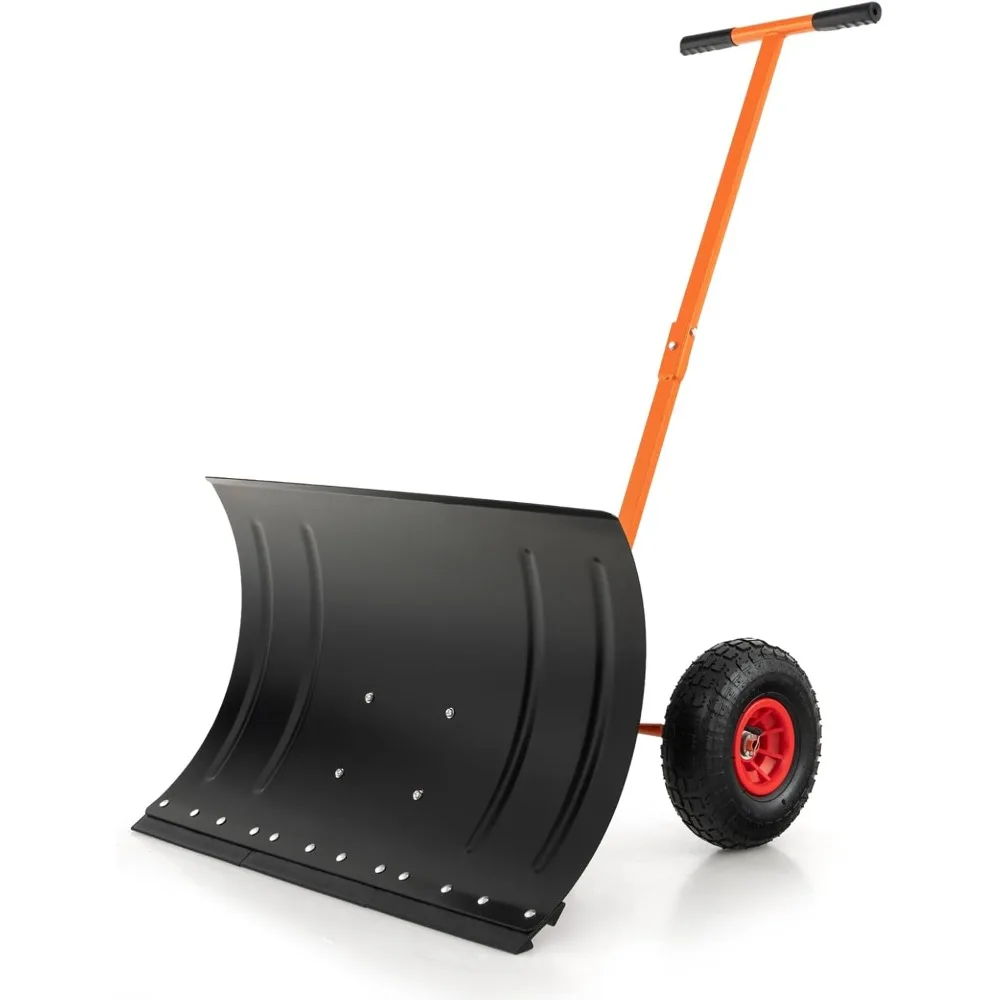 

29" Snow Shovel for Driveway with Wheels, Heavy-Duty Snow Plow Shovel w/Ergonomic Adjustable Angle Height for Snow Removal Clear