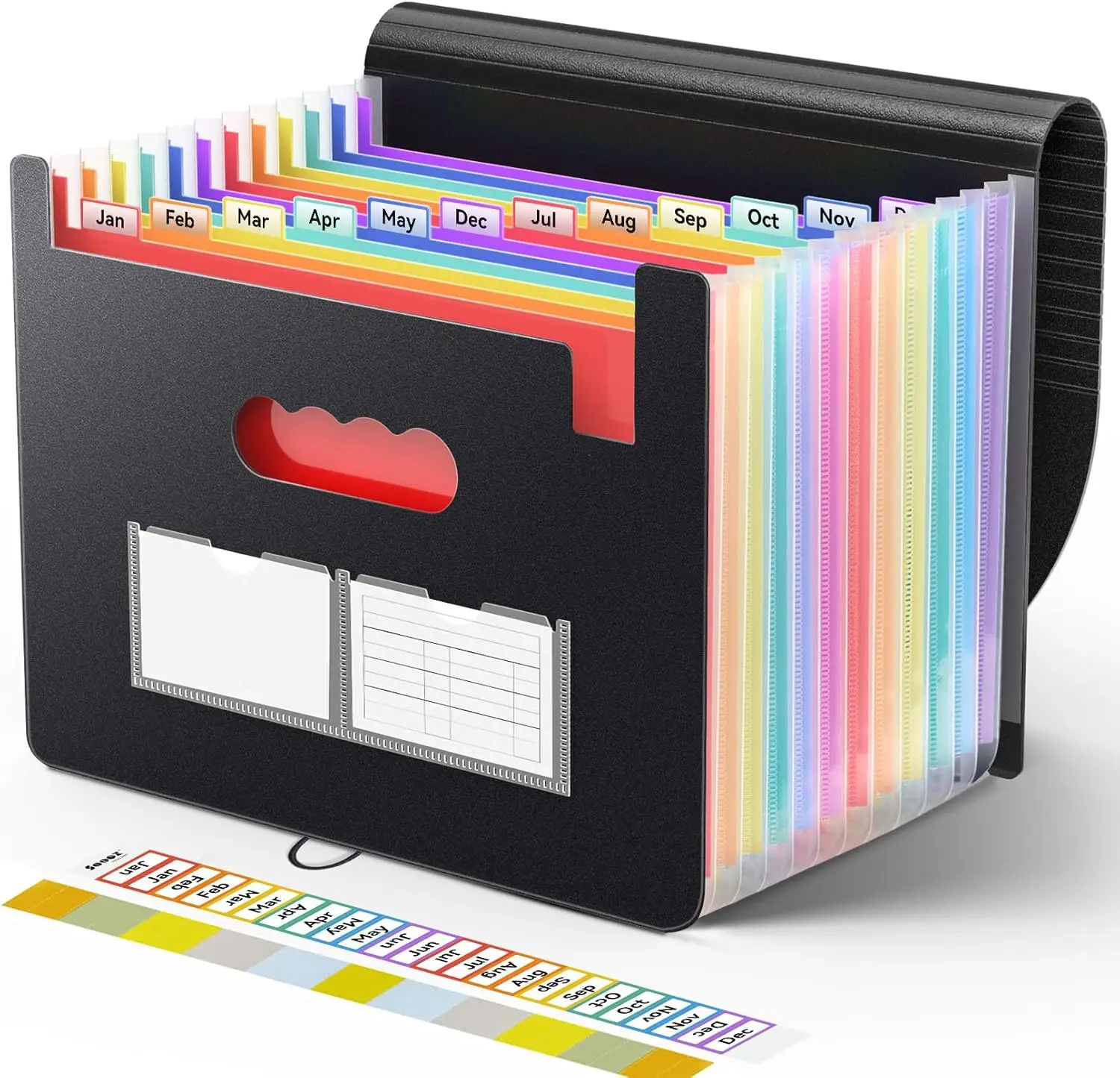 

Accordion-style document organizer, 13-pocket expandable document bag, A4 size document bag, with blank labels.
