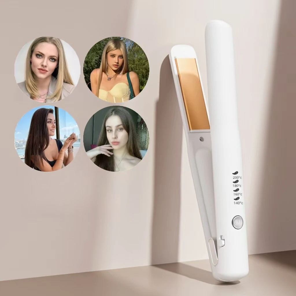 Mini Wireless USB Rechargeable Hair Straightening Comb, 2‑in‑1 Ceramic Flat Iron Curler, 2600mAh Lithium Battery Portable Travel