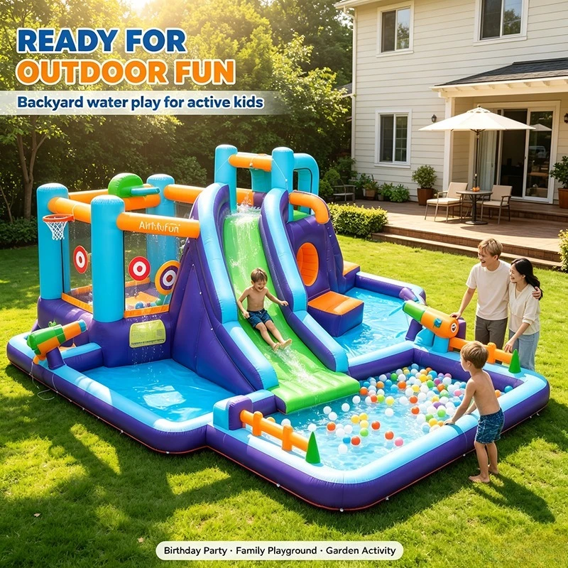 Kids Inflatable Water Park Bounce House, Large Water Slide with Climbing Wall Water Cannon for Backyard Summer Party Games