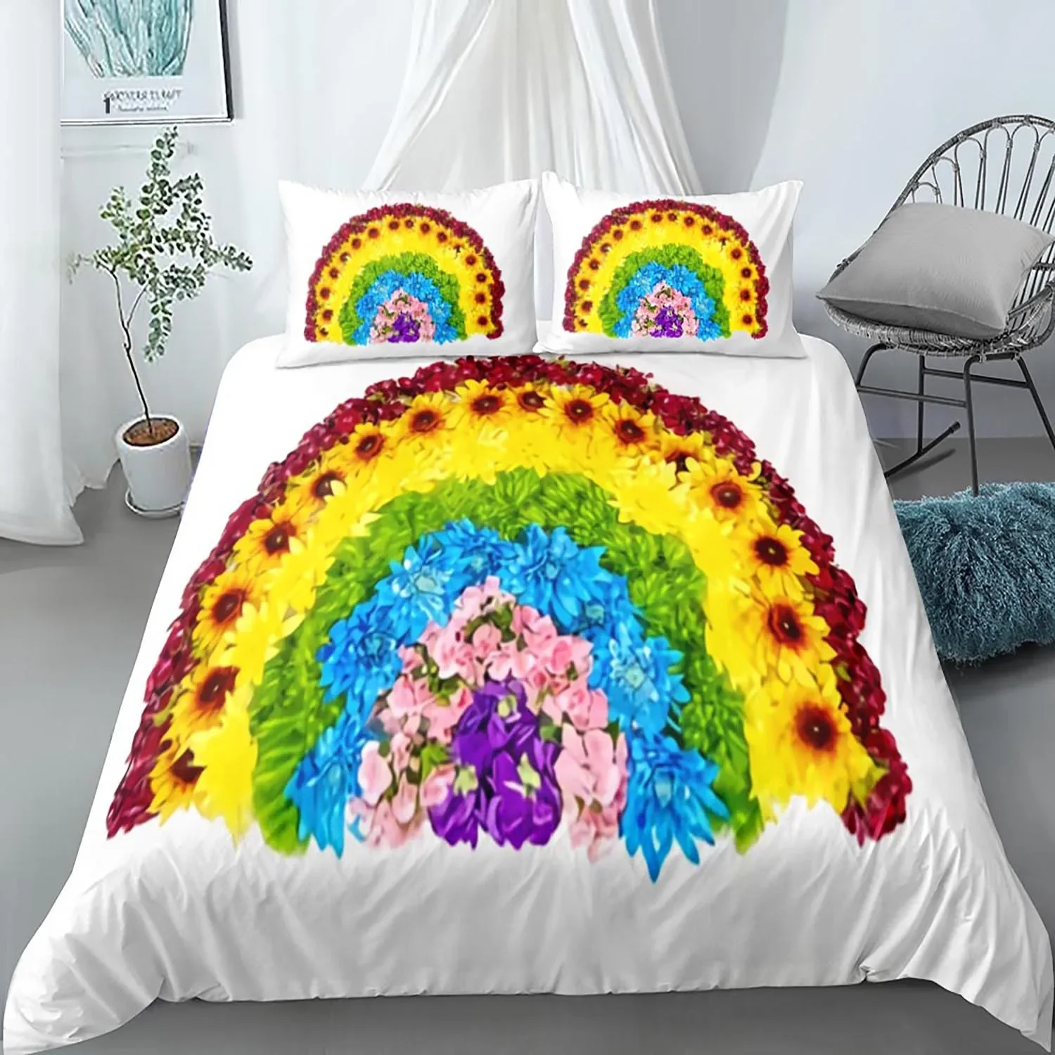 Rainbow Duvet Cover Set, 3pcs Flower Bedding Cover Set for Boys and Girls, Soft Breathable Comforter Cover Cute Cartoon Printed