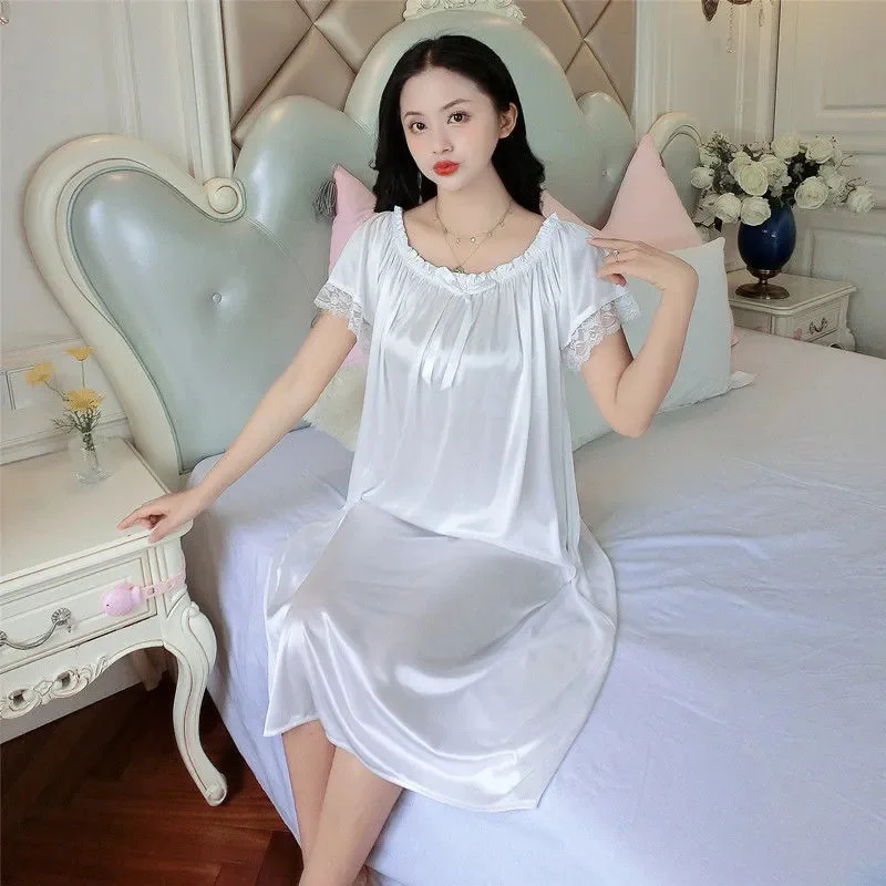 2024 Women Ice Silk Sleepwear Set Nightdress Homewear Nightwear Pyjamas Female Lace Sleepwear V-neck Nightgown 40kg-100kg