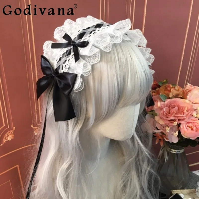 

Japanese Style Lolita Maid Hair Accessories Female Lace Bow Headband Women's Lolita Pink Black Color High Street Cute Headwear