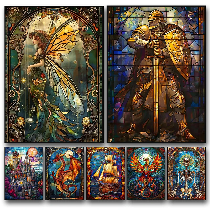 Vintage Fantasy Stained Glass Poster Print Golden Knight Skull Dragon Canvas Painting Wall Art Pictures Living Room Home Decor
