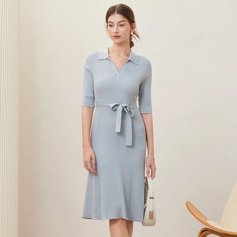 

Ele V-Ne Slim Fit Knitted Dr Cross-Border Sle Classy Belted Mid-Length Faionable plus Size Silk Material