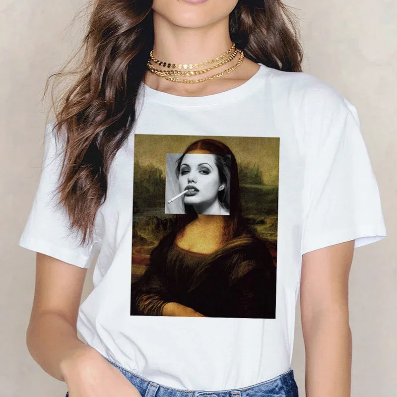 Mona Lisa Drinking Beverages Printed Tshirt Summer Breathable Casual T Short Sleeves Streetwear T-shirt Fashion Women Clothes