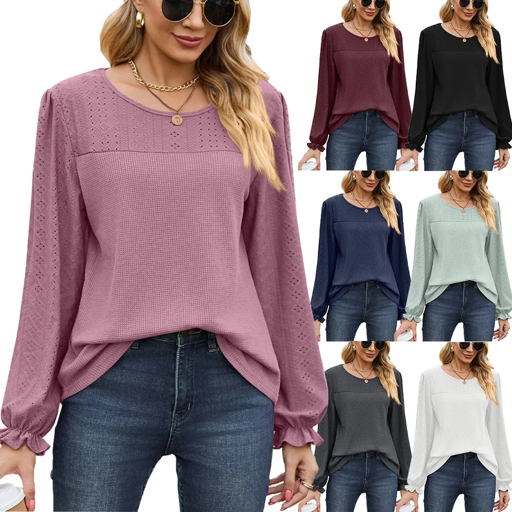 Europe and the United States new autumn and winter spliced round neck loose long-sleeved casual T-shirt blouse woman