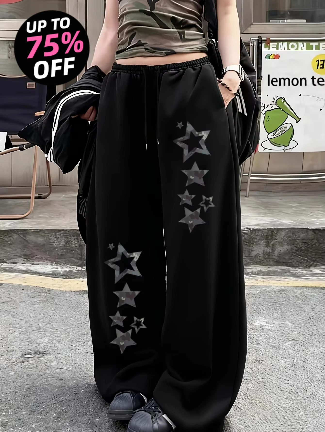 New Summer Black Reflective Star Quick Drying Sweatpants Women's Y2K Oversized Elastic Waist Trousers