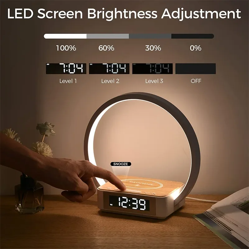 Coleção AliExpress Carregamento sem fio lâmpada de cabeceira com despertador, toque abajur, luz de despertar, mesa de cabeceira, leitura Night Light para quarto, 3 em 1