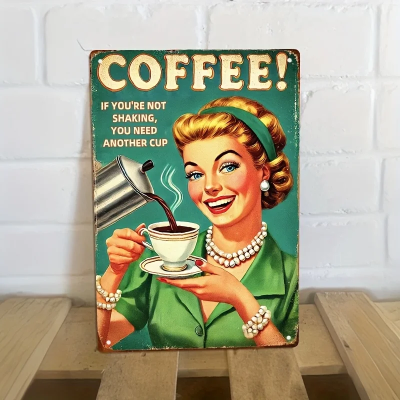 Vintage Coffee Metal Sign - Waterproof Iron Wall Art, Retro Theme with Cheerful Woman Illustration for Home, Cafe, Bedr