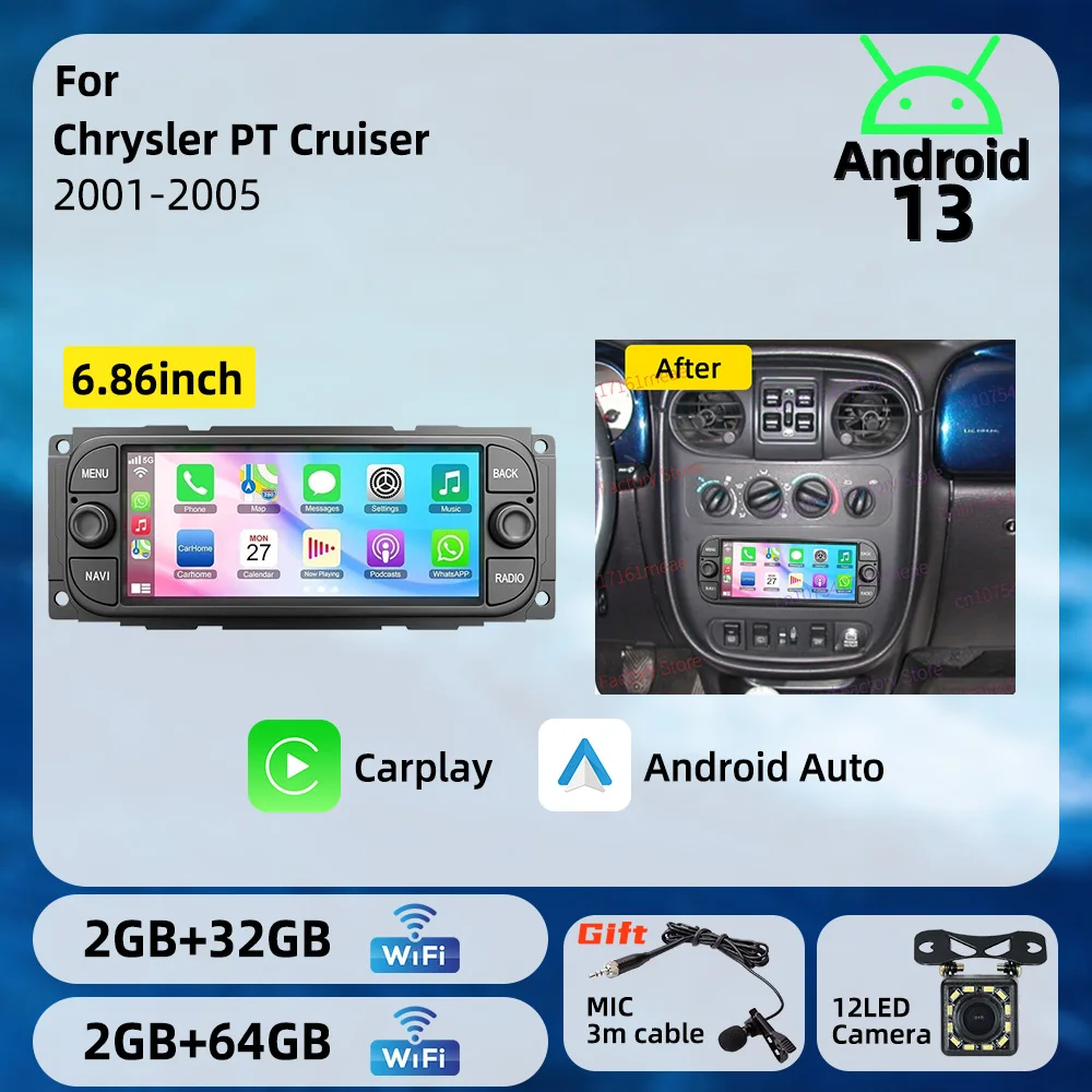 

Автомагнитола 1 DIN с экраном 6,86 дюйма, Carplay, Android, мультимедийная система для Chrysler PT Cruiser 2001-2005, навигация