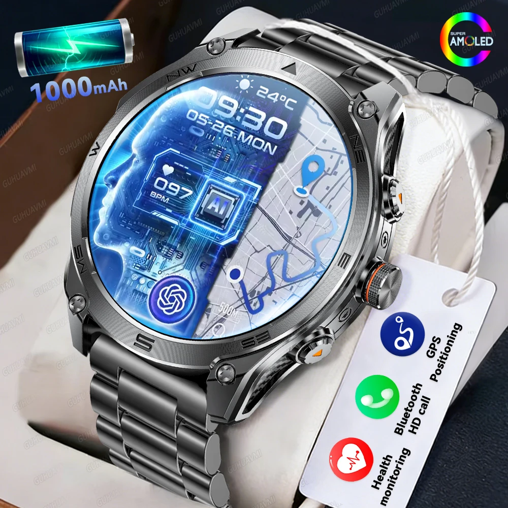 

Новые умные часы военного класса с аккумулятором 1000 мАч, водонепроницаемые до 10ATM, с компасом, фонариком, барометром, AMOLED-экраном 1,73 дюйма, функцией звонков и измерением пульса.