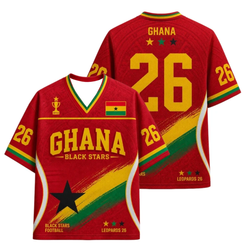 2026 New Ghana Soccer Jersey Retro V Neck Short Sleeve Breathable Hot Sale Comfort  Loose Fit Streetwear Casual Family Kids Tees