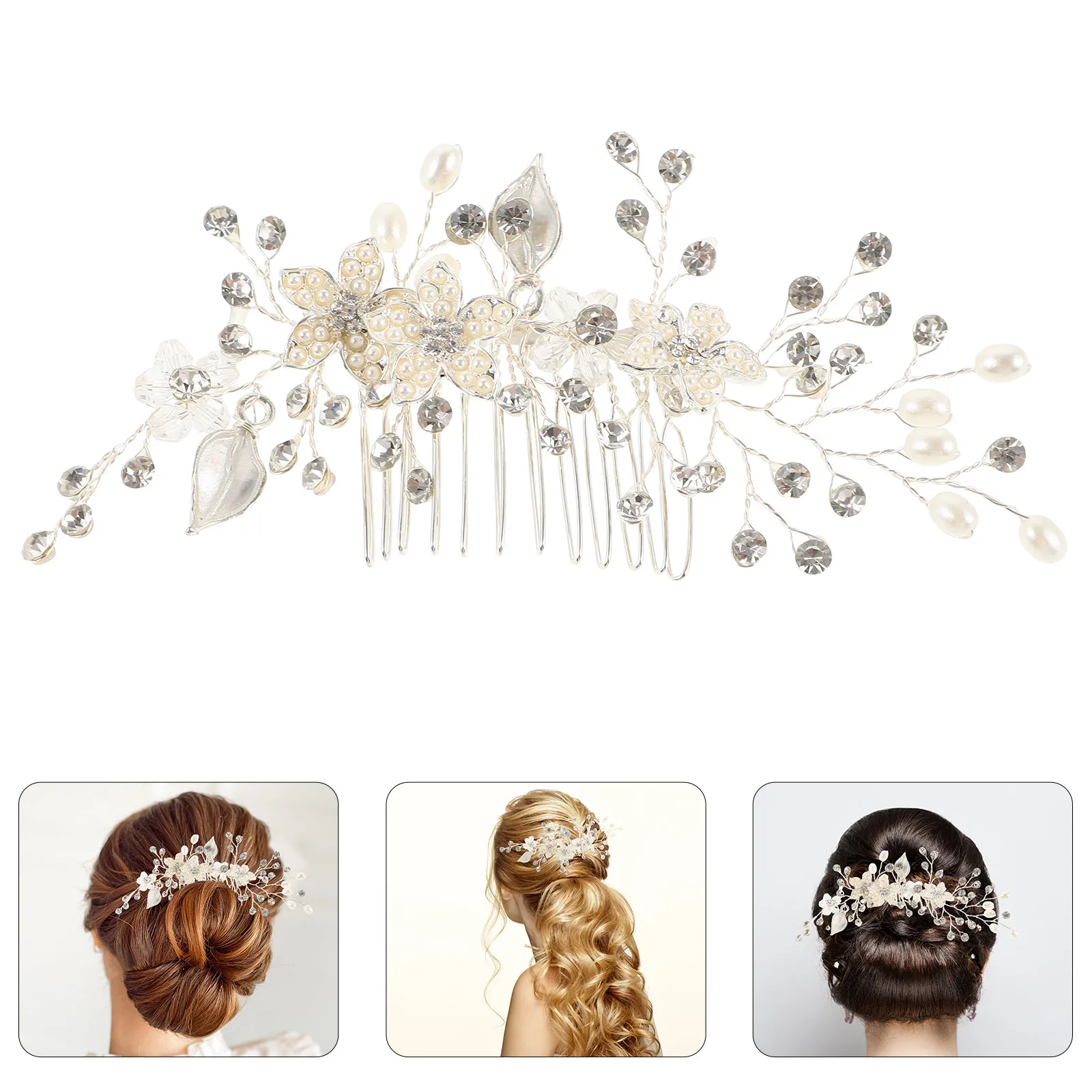

White Pearl Rhinestone Bridal Hair Comb Alloy Wedding Headpiece for Bride Bridesmaid Flower Party Prom Engagement Crystal