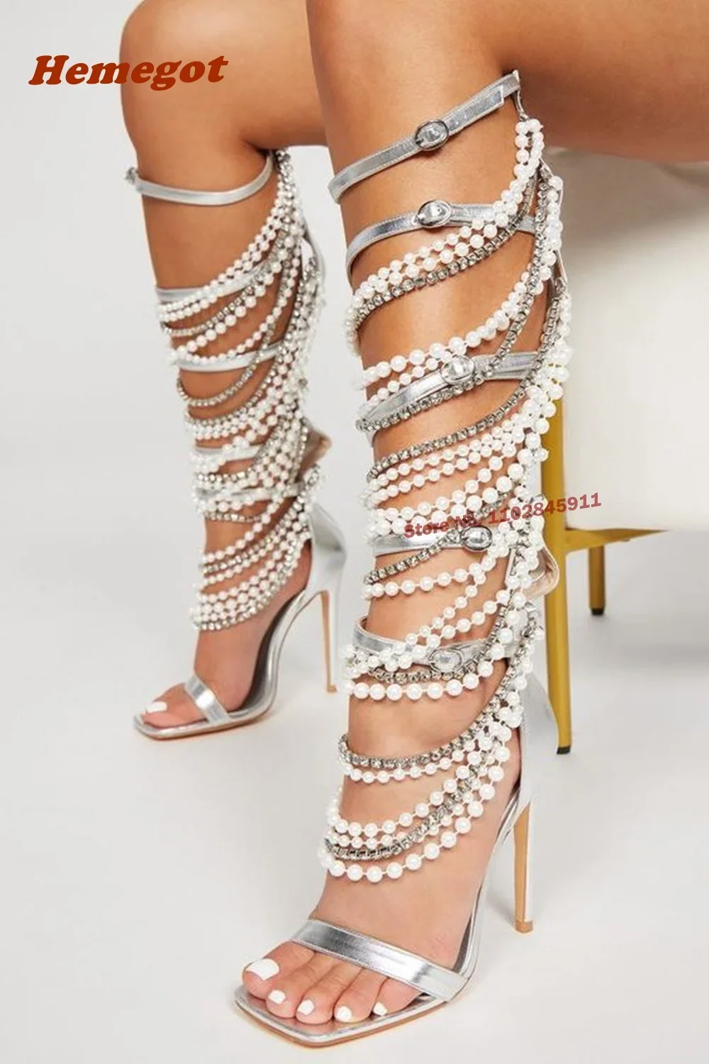 Pearl Metal Chain Sandals Tassel Crystals Square Toe Stiletto Heels Women's Sandals Buckle Strap Cut Out Back Zipper Summer Shoe
