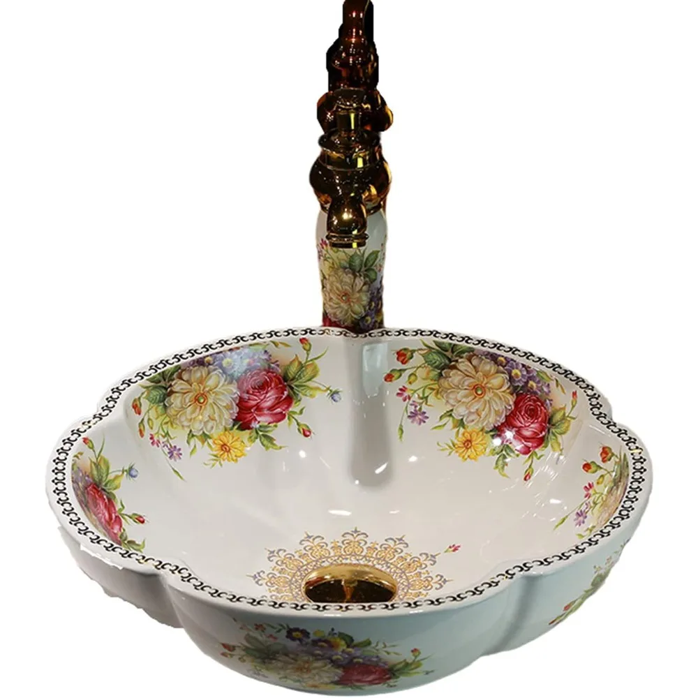 

American Style Multicolored Ceramic Vessel Sink with Peony Pattern for Vanity Top Bowl