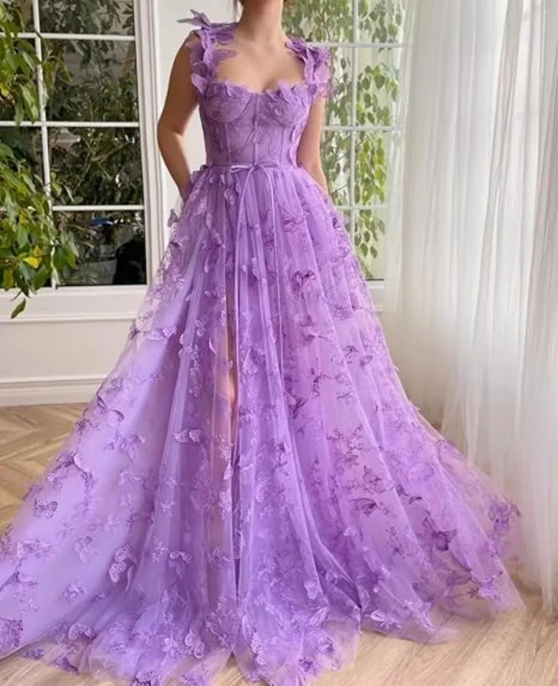 

Corset Long Tulle Prom Dresses with 3D Butterflies Sexy Slit Ball Gown Evening Dress Party Wedding Gown