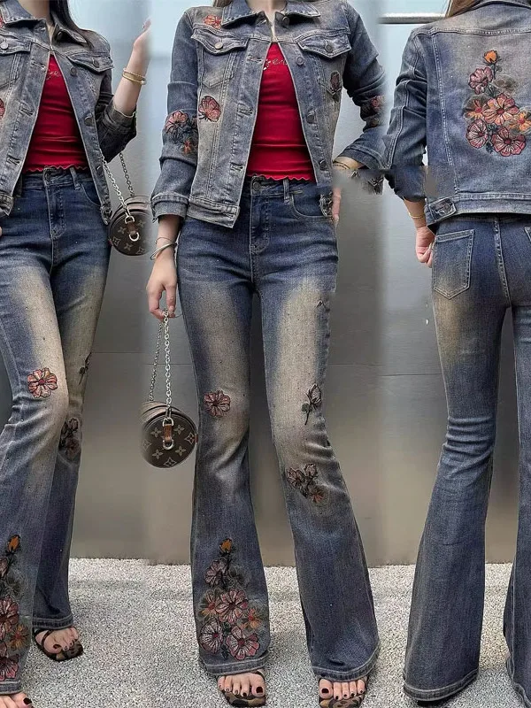 

Heavy Embroidery Straight Leg Micro Flared Jeans High Waist Slim Fit Elastic Micro Flare Denim Jeans Commute Sle Winter Wear
