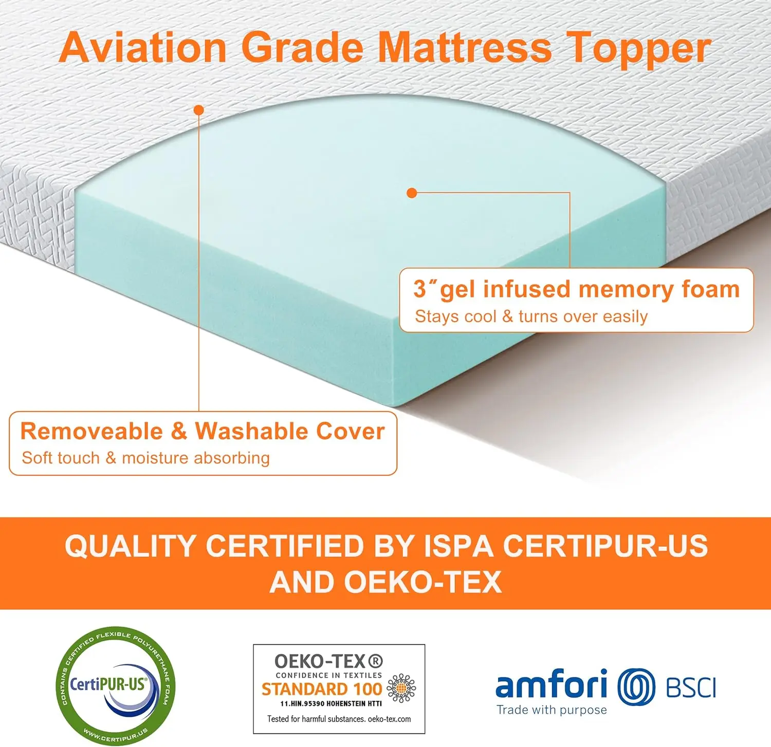 3 Inch Gel Memory Foam Mattress Topper Queen Size, Mattress Pad Cover for Pressure Relief, Full/Twin/Full/Queen/King optional