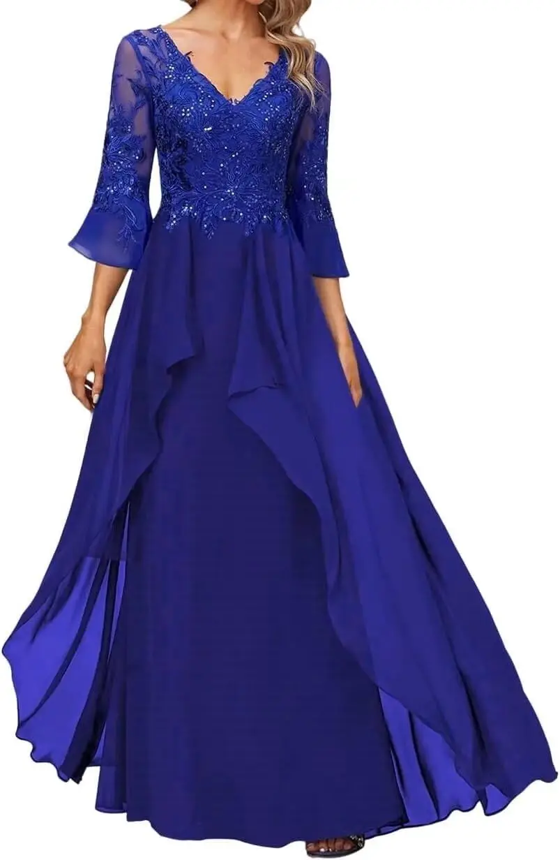 

Mother of The Bride Dresses for Wedding Long Evening Formal Dresses V Neck Wedding Guest Groom Dresses with Flare Sleeve