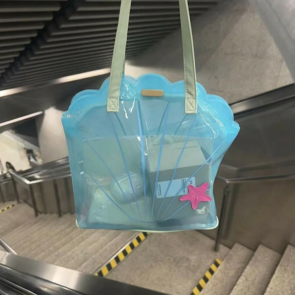 Transparent Shoulder Bag Cute Light Cyan Handbag Dual Strap Bag Lovely Pvc Tote Bag For Travel Young Girls Short Trips