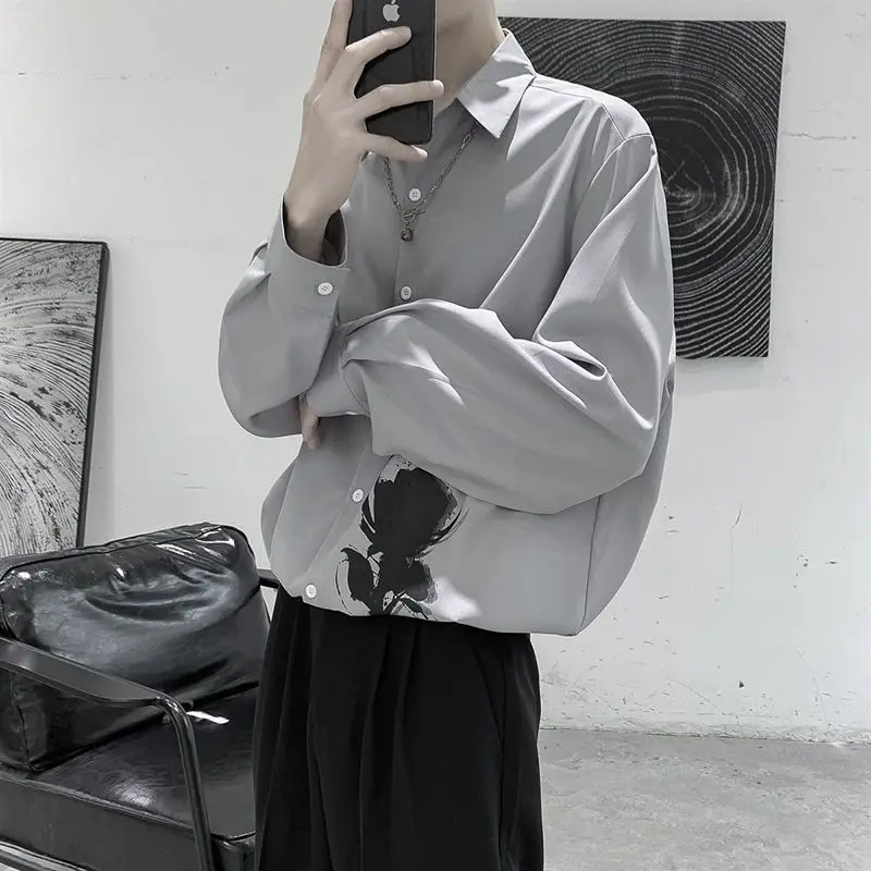 

High End Men Long Sleeve Shirt Hong Kong Style Loose Fit Ethereal Restrained Roguish Ins Casual Set