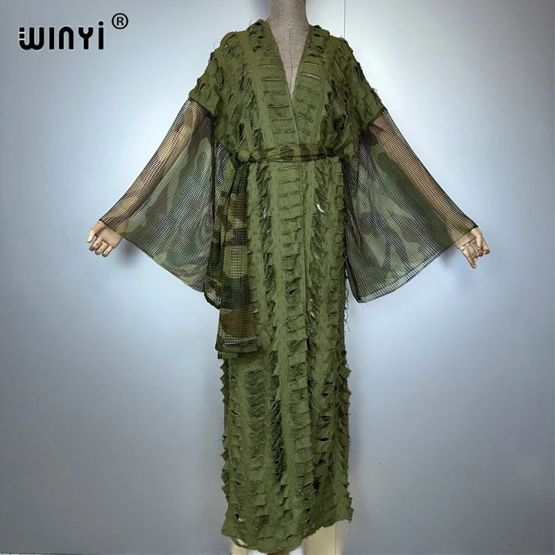 

WINYI maxi kimono Camouflage print hole denim cardigan with belt long down coat cover up beach outfits woman abaya dubai luxury