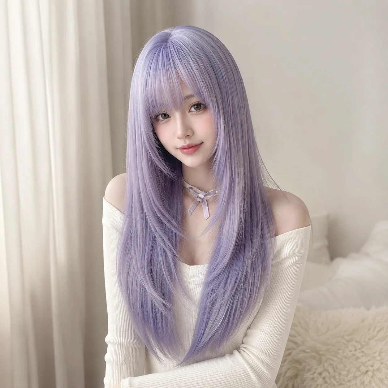 Purple Long Straight Wig for Women, Lolita Full Wig with Blunt Bangs, Layered Y2K Punk Japanese Style Cosplay Hair