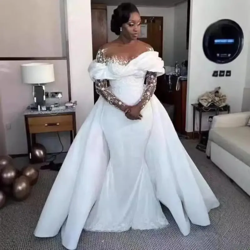 Customized One Shoulder Satin Hollow Mesh Long Sleeved Wedding Dress Engagement Banquet Lace Fishtail Skirt Detachable Tail