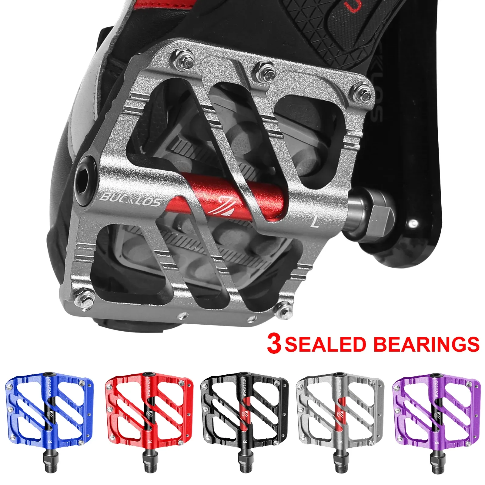 BUCKLOS 3 Bearings Bicycle Pedals Ultralight MTB Mountain Bike Pedals CNC Anti-slip Bicycle Flat Pedal 9/16in Cycling Parts