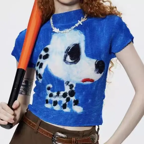 

American y2k hottie blue cartoon pleated puppy print T-shirt women's summer stretch short crop top