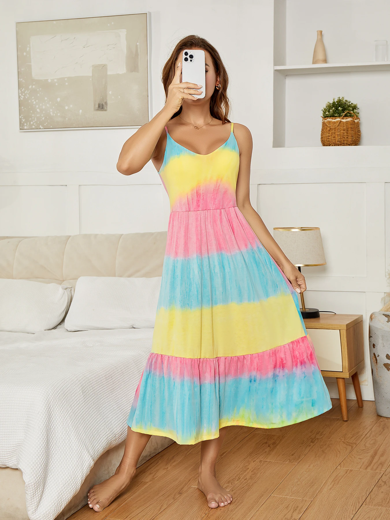 

Разноцветная ночная сорочка миди с эффектом тай-дай, V-образным вырезом, на тонких бретелях, со встроенными чашечками, домашняя одежда с защитой от просвечивания