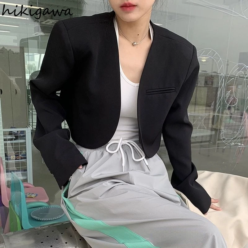 Crop Tops Black Jackets for Women Fashion Temperamet Blazer V-neck Long Sleeve Tunic Coat Casual Short Jacket 2023 Ropa Mujer