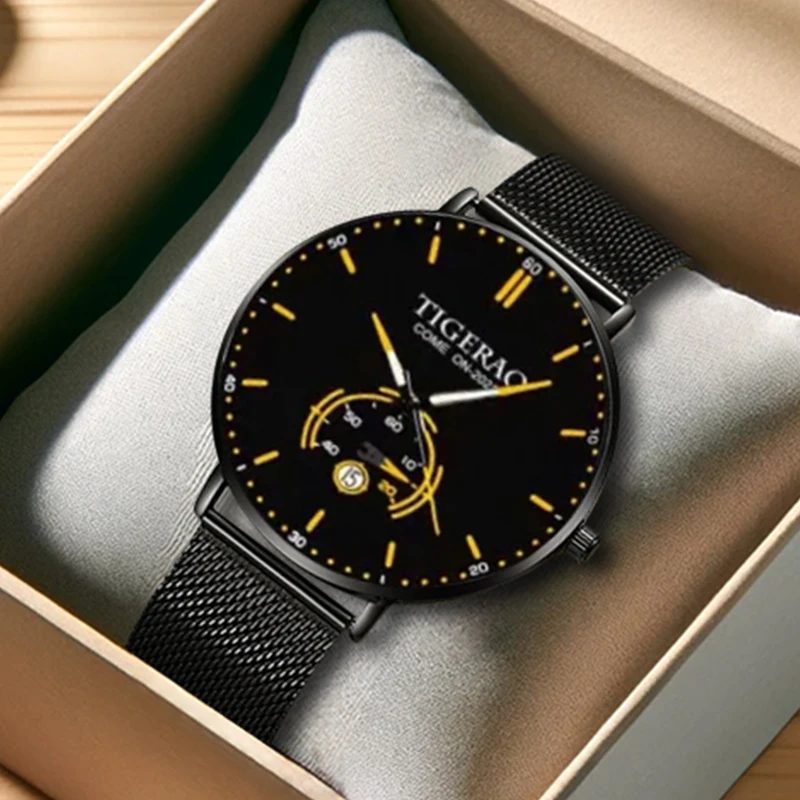 

Мужские современные минималистичные модные кварцевые часы с желтым циферблатом, черным корпусом и черным ремешком.