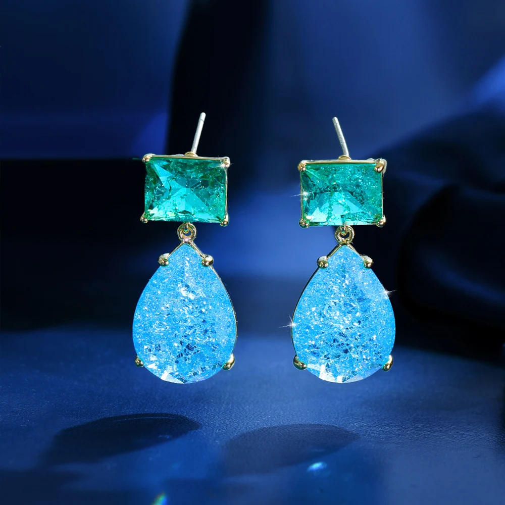 BeaQueen Brilliant Green Blue Big Tear Drop Cubic Zircon Stone Dangling Earrings for Women Anniversary Dress Jewelry Gifts E1161