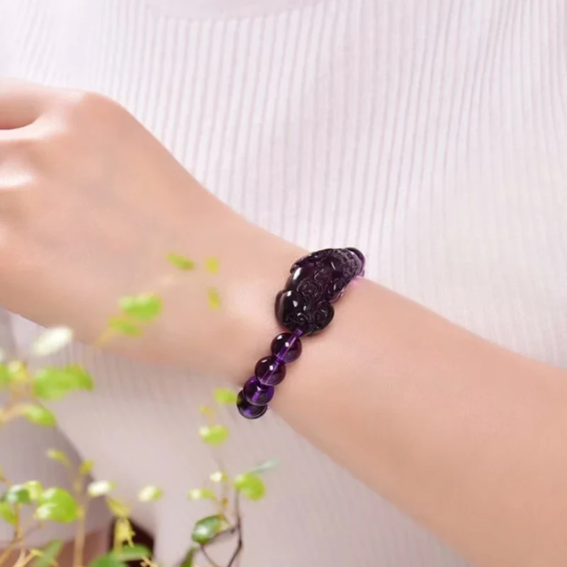 Hot Sale Amethyst Bracelet Pixiu Bring Lucky Wealth Chinese Fengshui Beast Crystal Beads Bracelets Party Birthday Gift Women Men