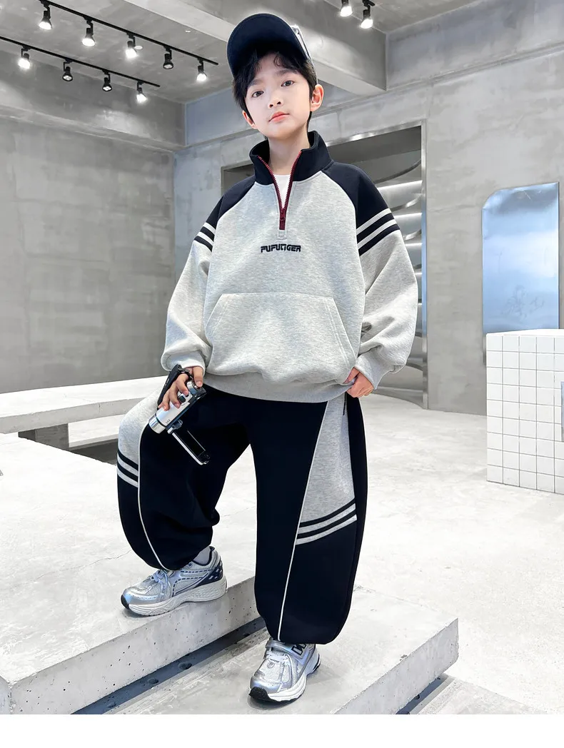 2026 New Autumn Winter Boys Teenager Cloth Children Set Suit Striped Sweatshirt Top + Wide Leg Pant Tracksuit 4 To 12 14 Years