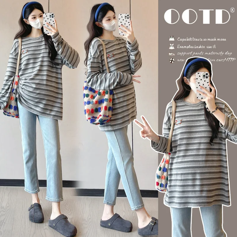 Maternity T-Shirt 2026 Spring Autumn Medium Long Striped Long Sleeve T-Shirt Loose Lazy Style Versatile Top For Pregnant Women