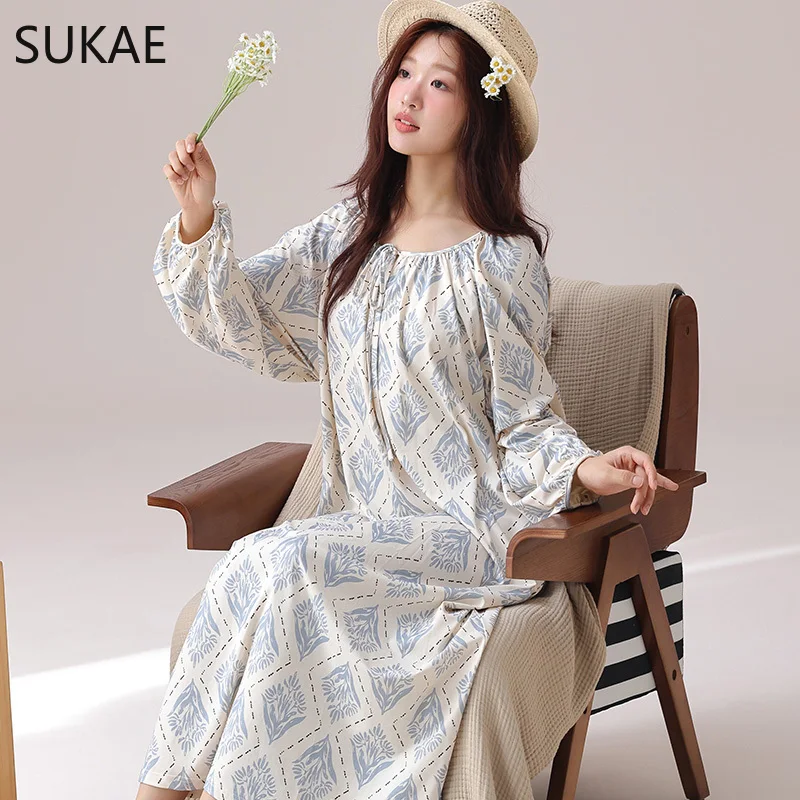 SUKAE Elegant Women Nightgowns Spring Vintage Court Style Lady Chic Dress Autumn Faux Cotton Nightdress Gorgeous Long Sleepshirt