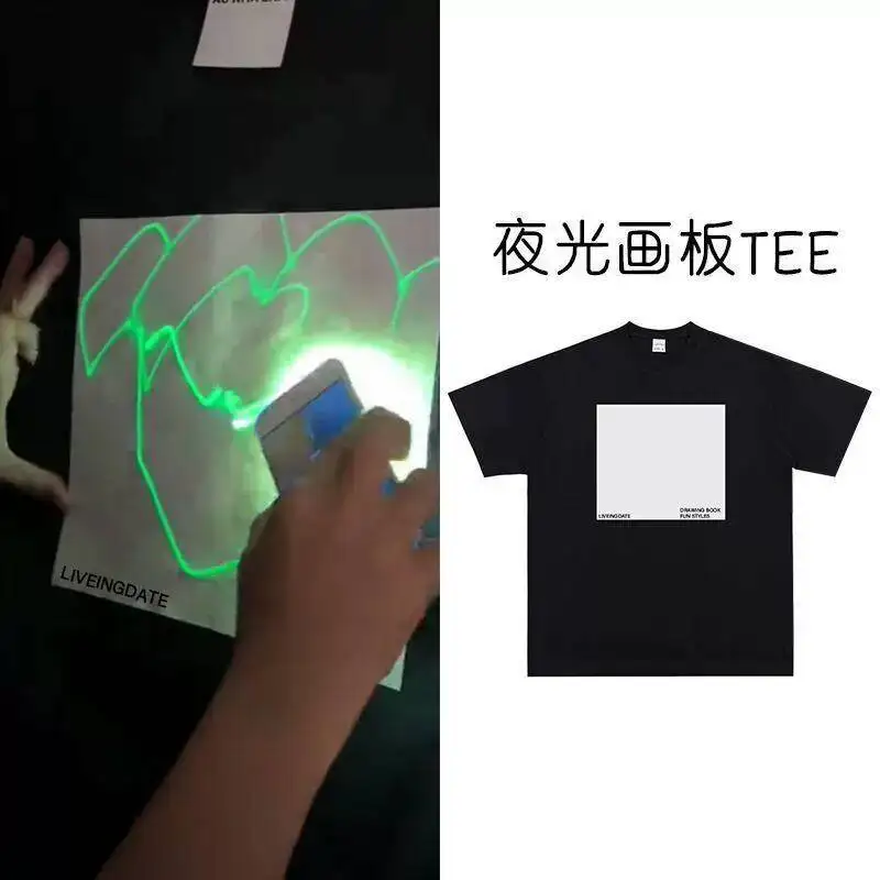 2026 American Style Light Sensitive Color Changing Short Sleeve T Shirt Heavy Cotton Fluorescent Green Print Luminous Streetwear