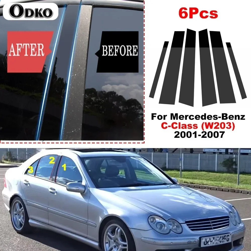 6Pcs Car Door Window Pillar Center Post Trim Stickers For Mercedes-Benz C-Class (W203) 2001-2007 Center BC column stickers