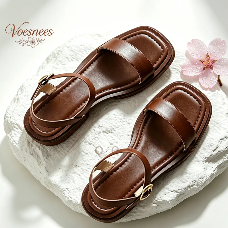 

2026 Black Casual Sandals for Women 3cm Chunky Low Heels Leather Casual Outdoor Concise Woman Shoes Everyday Summer Footwear