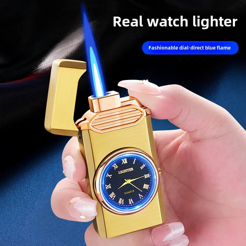 

New Watch, Butane Inflatable Lighter, Exquisite Blue Light Dial, Fashionable Straight Blue Flame Cigarette Lighter, Men's Gift