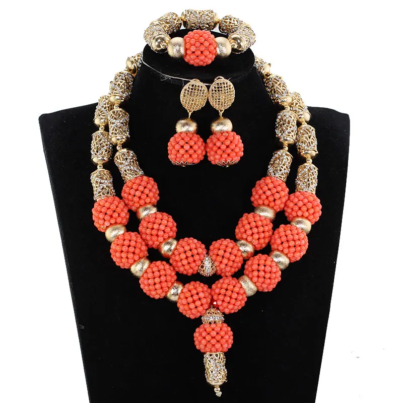 NEW Luxury Original African Coral Gold Dubai Women Costume Jewelry Set Fantastic Wedding Beads Jewelry Set ABG188