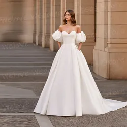 Simple A Line Women's Wedding Dresses Sweetheart Customized Bride Gowns Short Sleeve Backless Satin Princess Vestidos De Novia