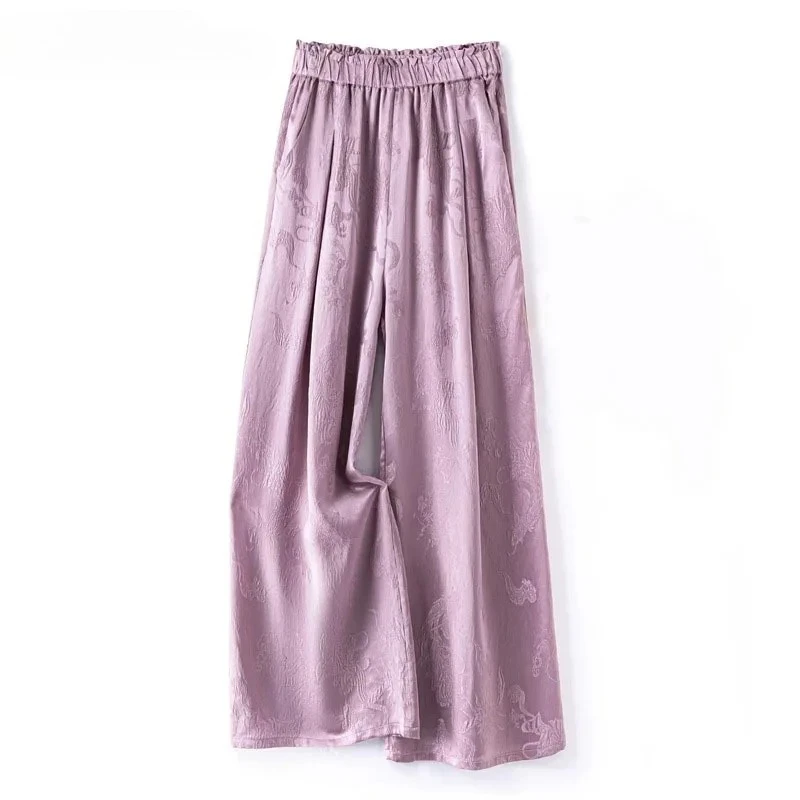 2025 Damesmode Kleding 100% Natuurlijke Moerbei Zijde GuanLe Satijn Geurige Taro Paars Hoge Taille Casual Wijde Pijpen Broek