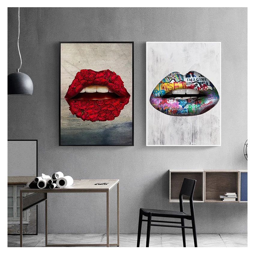 Canvas Painting Sexy Red Lips Flower Poster Home Decoration Wall Art Pictures For Living Room Color Creative Mouths Printing